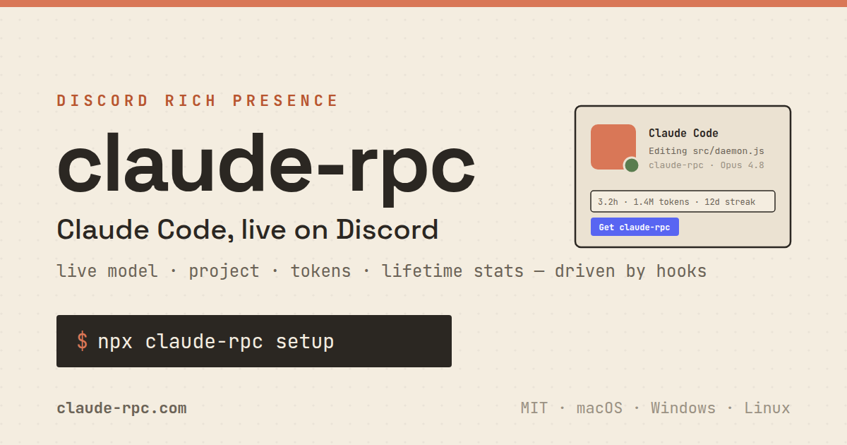 claude-rpc · Discord Rich Presence (RPC) for Claude Code